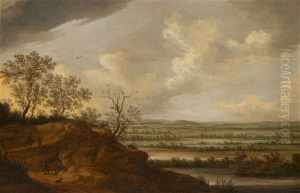 Panoramic River Landscape With Travellers And Riders Oil Painting by Johannes Pietersz Schoeff