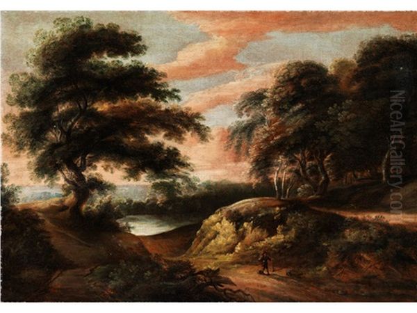 Hugelige Baumlandschaft Mit Wasserlauf Und Abendlichem Wolkenhimmel Oil Painting by Johannes Pietersz Schoeff