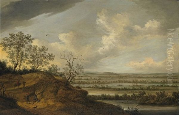 Weite Flusslandschaft Mit Wanderern Und Reiter Oil Painting by Johannes Pietersz Schoeff