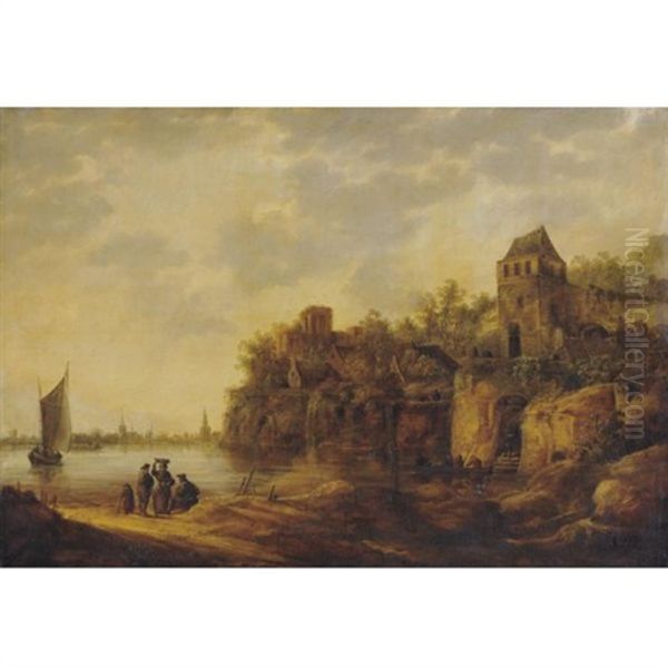 A River Estuary With Peasants On A Track, A Fortified Farmhouse Nearby And A Town Beyond Oil Painting by Johannes Pietersz Schoeff