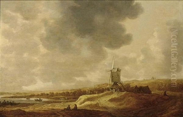 A Panoramic River Landscape With A Windmill And Travellers Resting In The Foreground Oil Painting by Johannes Pietersz Schoeff