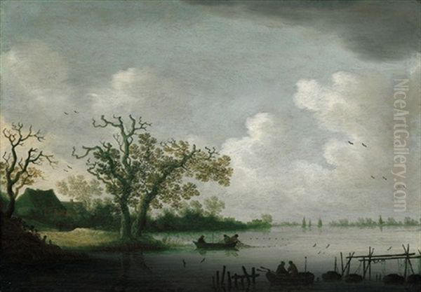 Hollandische Flusslandschaft Mit Bauernhausern Und Fischerbooten Oil Painting by Johannes Pietersz Schoeff