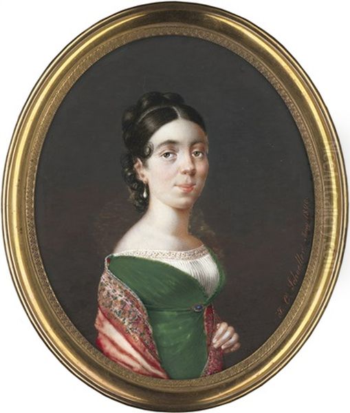 Bildnis Einer Jungen Frau In Grunem Empirekleid Mit Besticktem Roten Schal Oil Painting by Johann Christian Schoeller