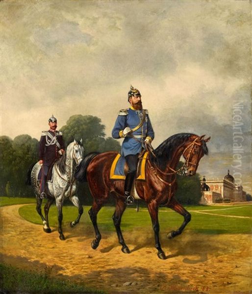 Kaiser Friedrich Iii. Und Sein Adjutant Oberst Julius Von Sommerfeld Vor Dem Neuen Palais In Potsdam Oil Painting by Richard Schoenbeck