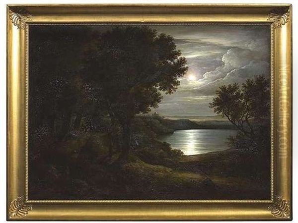 Der Lago Di Albano Bei Mondschein, Im Hintergrund Blick Auf Castelgandolfo Oil Painting by Lorenz Schoenberg