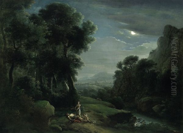 Bewaldete Flusslandschaft Bei Mondschein Mit Pyramus Und Thisbe Oil Painting by Lorenz Schoenberg