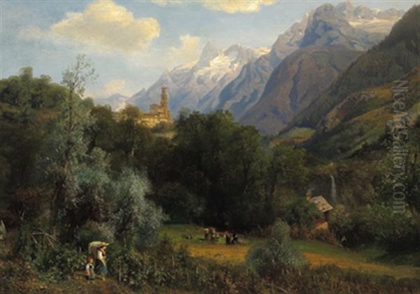 Weinernte In Sudtirol Mit Blick Auf Eine Burg Oil Painting by Eduard Schoenfeld