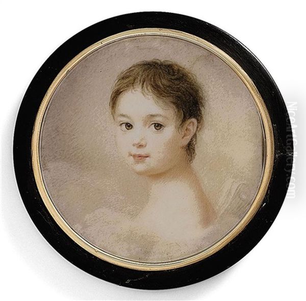 A Child, Head And Shoulders Among Clouds, Short Dark Hair Oil Painting by Franziska Schoepfer