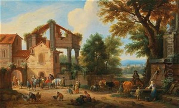 Travellers Outside The Gate Of A Town Oil Painting by Mathys Schoevaerdts