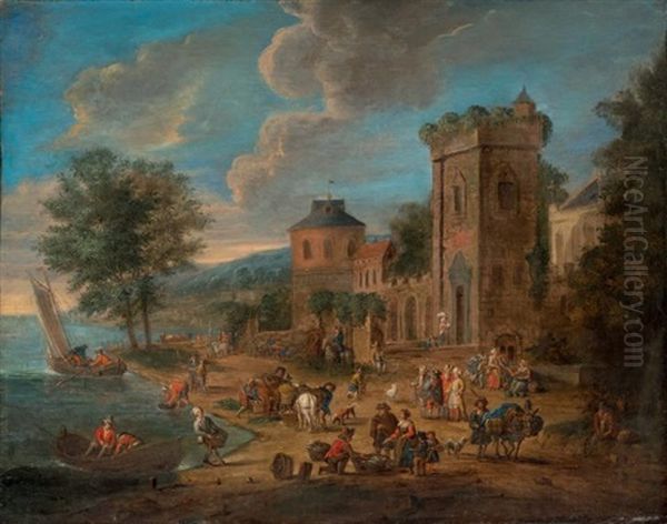 Scene De Marche Devant Une Eglise, Scene De Marche Au Bord D'un Fleuve (2 Works) Oil Painting by Mathys Schoevaerdts