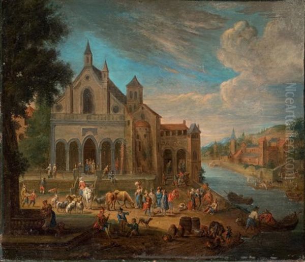 Scene De Marche Devant Une Eglise, And Scene De Marche Au Bord D'un Fleuve, (2 Works) Oil Painting by Mathys Schoevaerdts