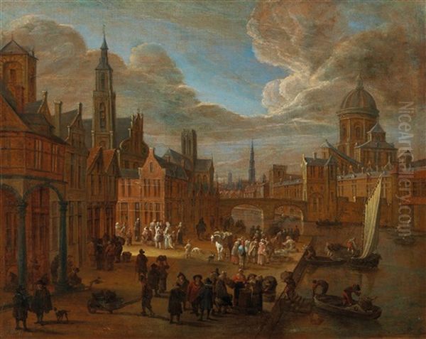 A View Of Town With Numerous Figures Oil Painting by Mathys Schoevaerdts