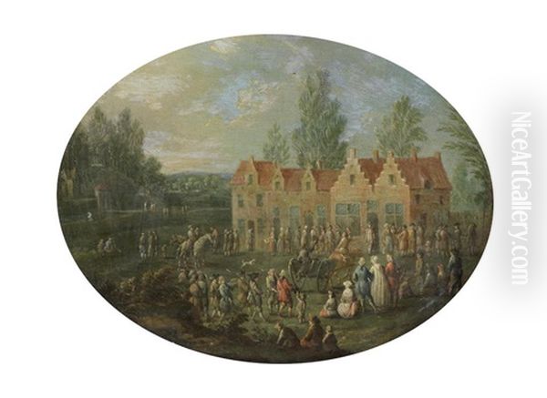 Figures Gathered By A Large Country House, A Landscape Beyond Oil Painting by Mathys Schoevaerdts