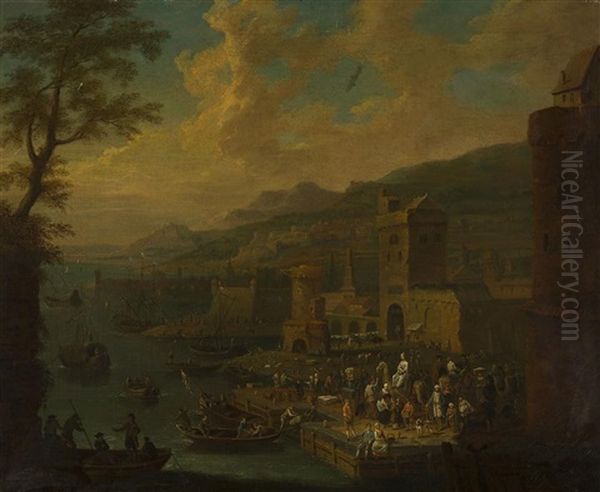 A Busy Riverside Port With Figures And Boat By The Quay Oil Painting by Mathys Schoevaerdts