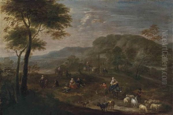 A Wooded Landscape With A Shepherd And Its Flock And Travellers On A Path Oil Painting by Mathys Schoevaerdts