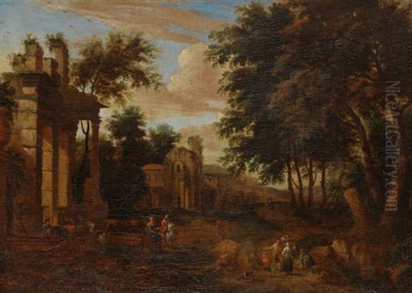 Paysans Devant Des Ruines Antiques Oil Painting by Mathys Schoevaerdts