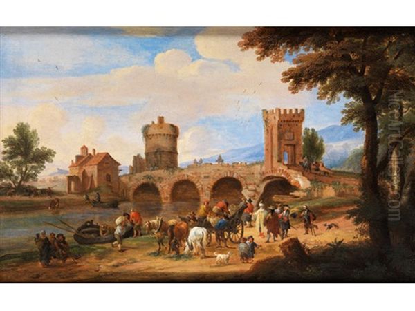 Italienisierte Flusslandschaft Mit Blick Auf Die Ponte Lucano Und Das Grab Der Plautii Bei Tivoli Oil Painting by Mathys Schoevaerdts