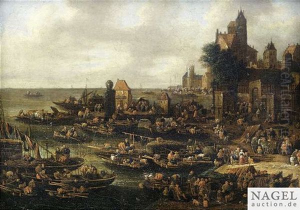 Hustle And Bustle With Numerous Boats At A Harbour Oil Painting by Mathys Schoevaerdts