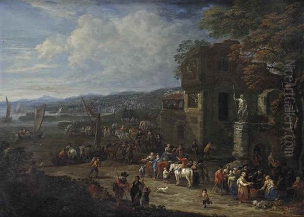 A Hilly River Landscape With Numerous Figures Near Classical Ruins, Boats Sailing Off Beyond Oil Painting by Mathys Schoevaerdts