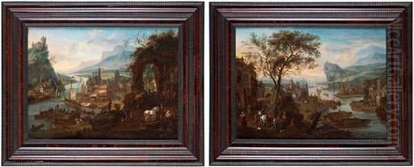 Castal Scenes With Landscape With Figures (2) Oil Painting by Mathys Schoevaerdts