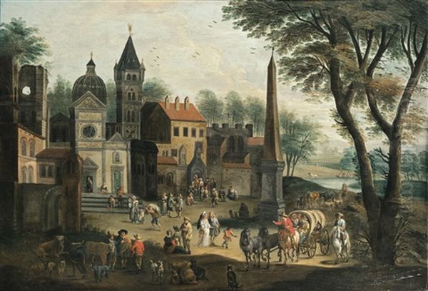 Entrance To A Village With An Obelisk Oil Painting by Mathys Schoevaerdts