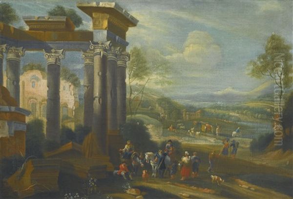 Extensive Landscape With Travellers Resting Amongst Classical Ruins Oil Painting by Mathys Schoevaerdts