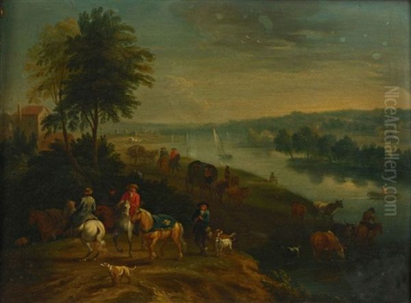 Cavaliers Et Charrettes Longeant Une Riviere Oil Painting by Mathys Schoevaerdts