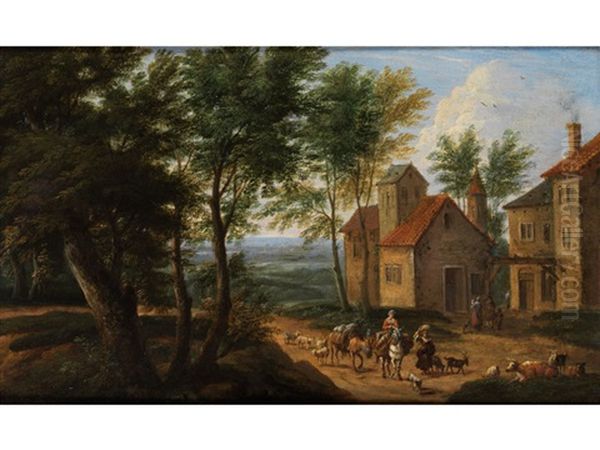 Flamische Baumlandschaft Mit Hausergruppe Und Ziehenden Hirten Oil Painting by Mathys Schoevaerdts