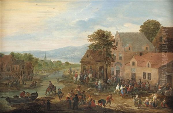 A Townscape With Fruit Vendors, Horsemen And Villagers Making Merry Oil Painting by Mathys Schoevaerdts