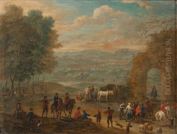 Cavaliers Et Paysans Pres D'une Porte En Ruine Et Entree D'un Village (pair) Oil Painting by Mathys Schoevaerdts