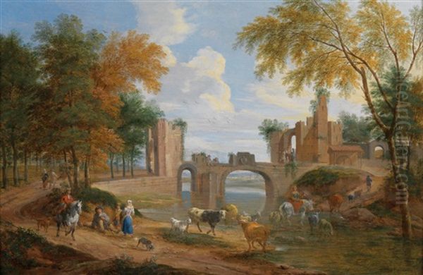 Flusslandschaft Mit Einer Brucke Und Bauern Mit Vieh Oil Painting by Mathys Schoevaerdts