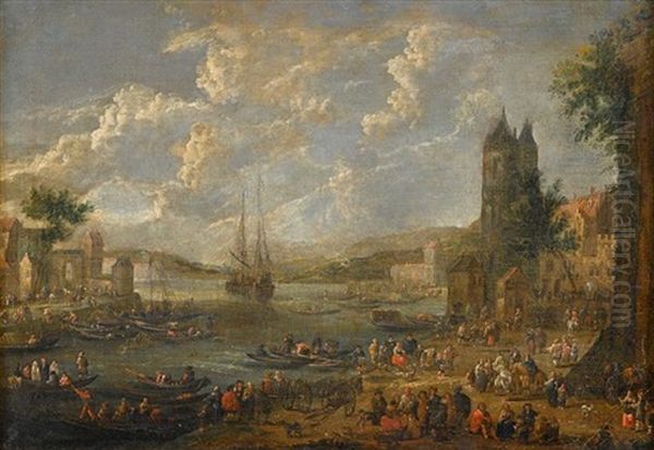 A River Landscape With Figures Along The Shore And In Boats Oil Painting by Mathys Schoevaerdts