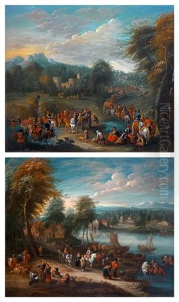 Paysages Avec Nombreux Personnages Pres De Rivieres (pair) Oil Painting by Mathys Schoevaerdts