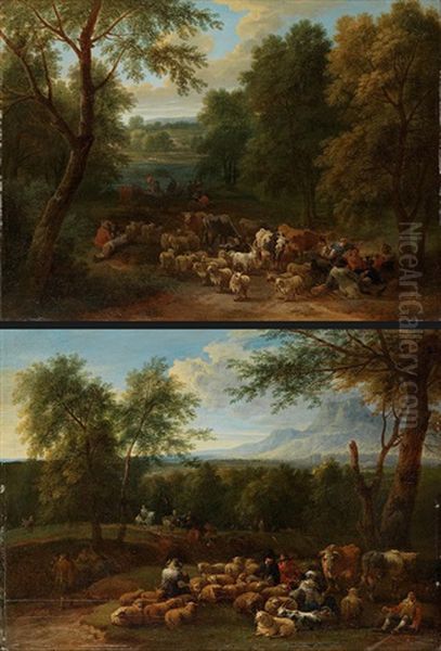 Gegenstucke: Landschaften Mit Viehherde (pair) Oil Painting by Mathys Schoevaerdts