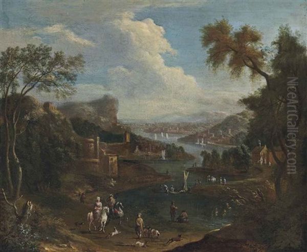 A River Landscape With Travellers On A Bank, Figures On Boats And A Settlement Beyond Oil Painting by Mathys Schoevaerdts