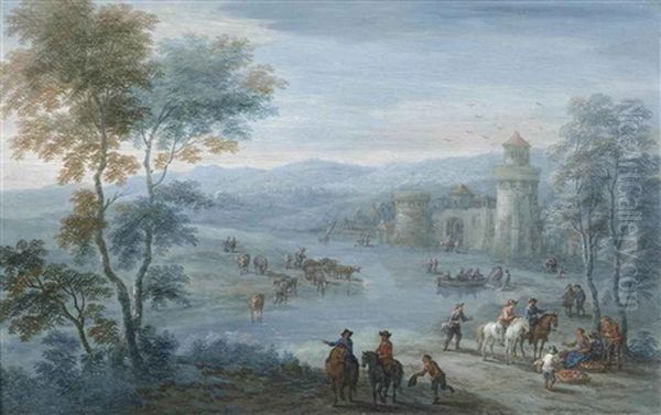 A River Landscape With Figures On Horseback And Cattle Outside A Walled Town Oil Painting by Mathys Schoevaerdts