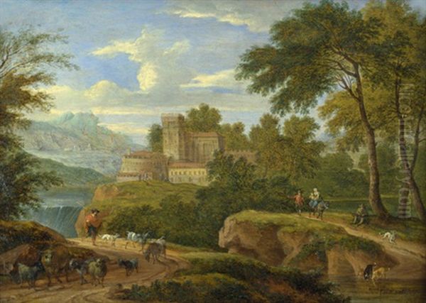 Sudliche Flusslandschaft Mit Castell Und Hirten Mit Seiner Herde Oil Painting by Mathys Schoevaerdts