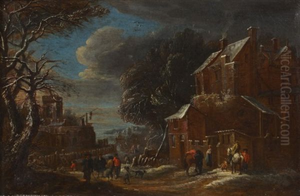 Personnages Dans Une Rue D'un Village Enneige Oil Painting by Mathys Schoevaerdts