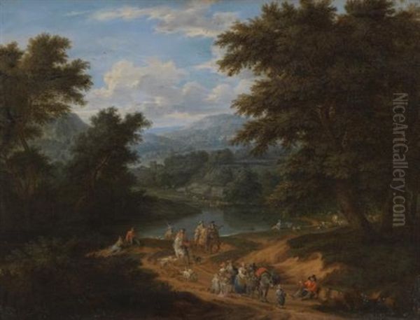 A Landscape With Travellers On A Path Oil Painting by Mathys Schoevaerdts