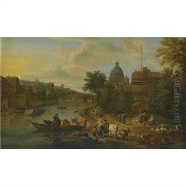 Rome: A Capriccio View Of The Tiber With The Castel Sant'angelo, Peasants With Their Cattle On The River Banks Oil Painting by Mathys Schoevaerdts