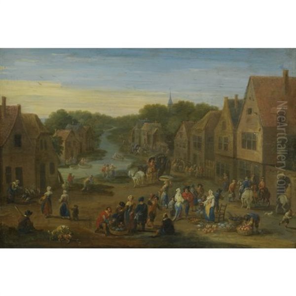 A Village Landscape With Numerous Figures At A Vegetable Market, A Stream Passing Through Beyond Oil Painting by Mathys Schoevaerdts