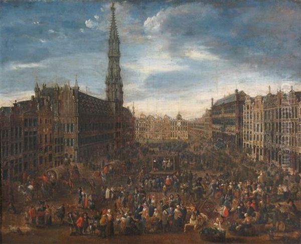 The Grand Place, Brussels, Belgium On Market Day Oil Painting by Mathys Schoevaerdts