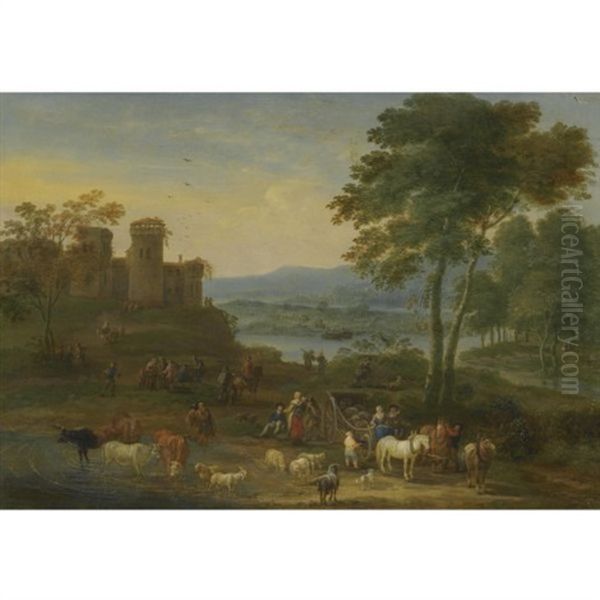 A River Landscape With Herders And Their Animals On A Path With Other Figures, A Village Beyond Oil Painting by Mathys Schoevaerdts