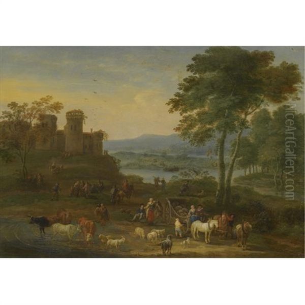 A River Landscape With Herders And Their Animals On A Path With Other Figures, A Village Beyond Oil Painting by Mathys Schoevaerdts