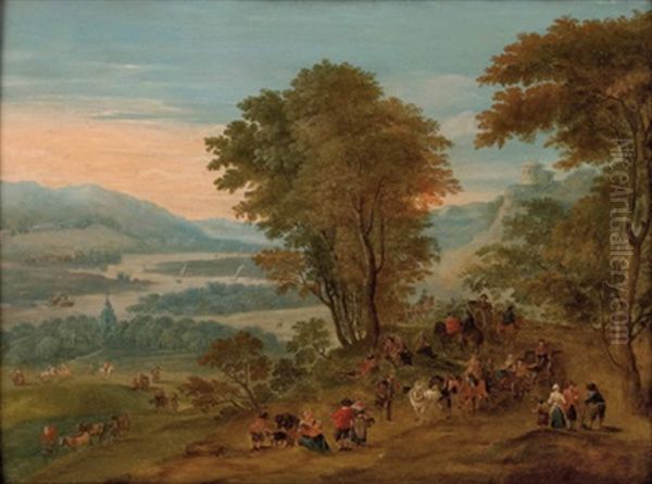 Belebte Kustenszene Mit Einer Befestigung Und Einer Schiffsanlegestelle (+ Bewaldete Landschaft Mit Fahrendem Volk Und Einem Flusslauf Im Hintergrund; Pair) Oil Painting by Mathys Schoevaerdts