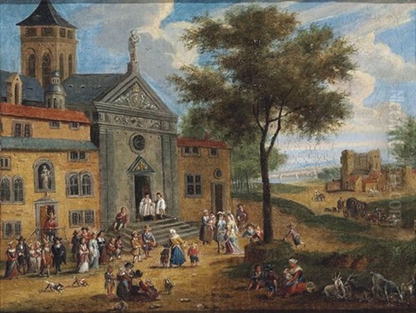 A Village Street With Musicians And Figures Outside A Church Oil Painting by Mathys Schoevaerdts