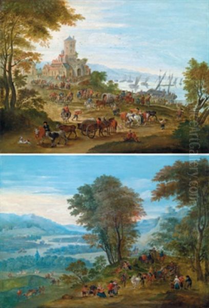 Belebte Kustenszene Mit Einer Befestigung Und Einem Hafen Im Hintergrund (+ Another; Pair) Oil Painting by Mathys Schoevaerdts