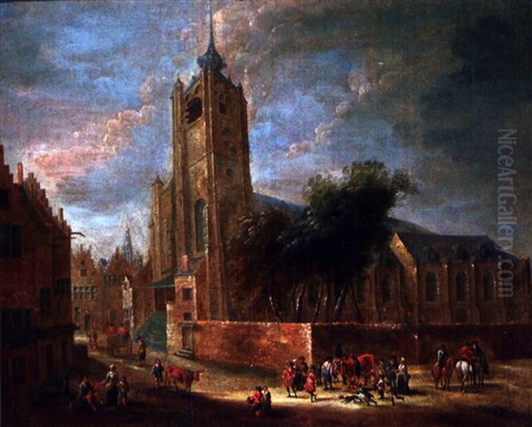 Grupo De Personas En Procesion Junto A La Iglesia De Una Ciudad Oil Painting by Mathys Schoevaerdts