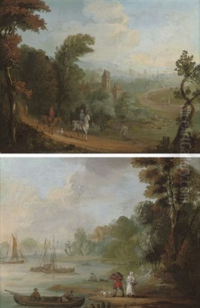 A Wooded Landscape With Figures On Horseback (+ A Wooded River Landscape With Figures On The Bank; Pair) Oil Painting by Mathys Schoevaerdts