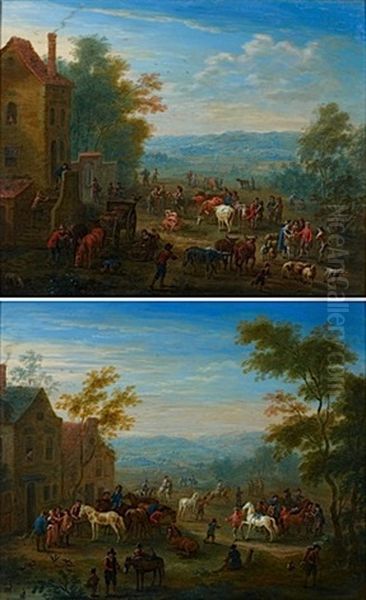 Paysans Et Leurs Troupeaux A L'entree D'un Village (+ Cavaliers Et Leurs Chevaux Devant Une Auberge Dans Un Paysage; Pair) Oil Painting by Mathys Schoevaerdts